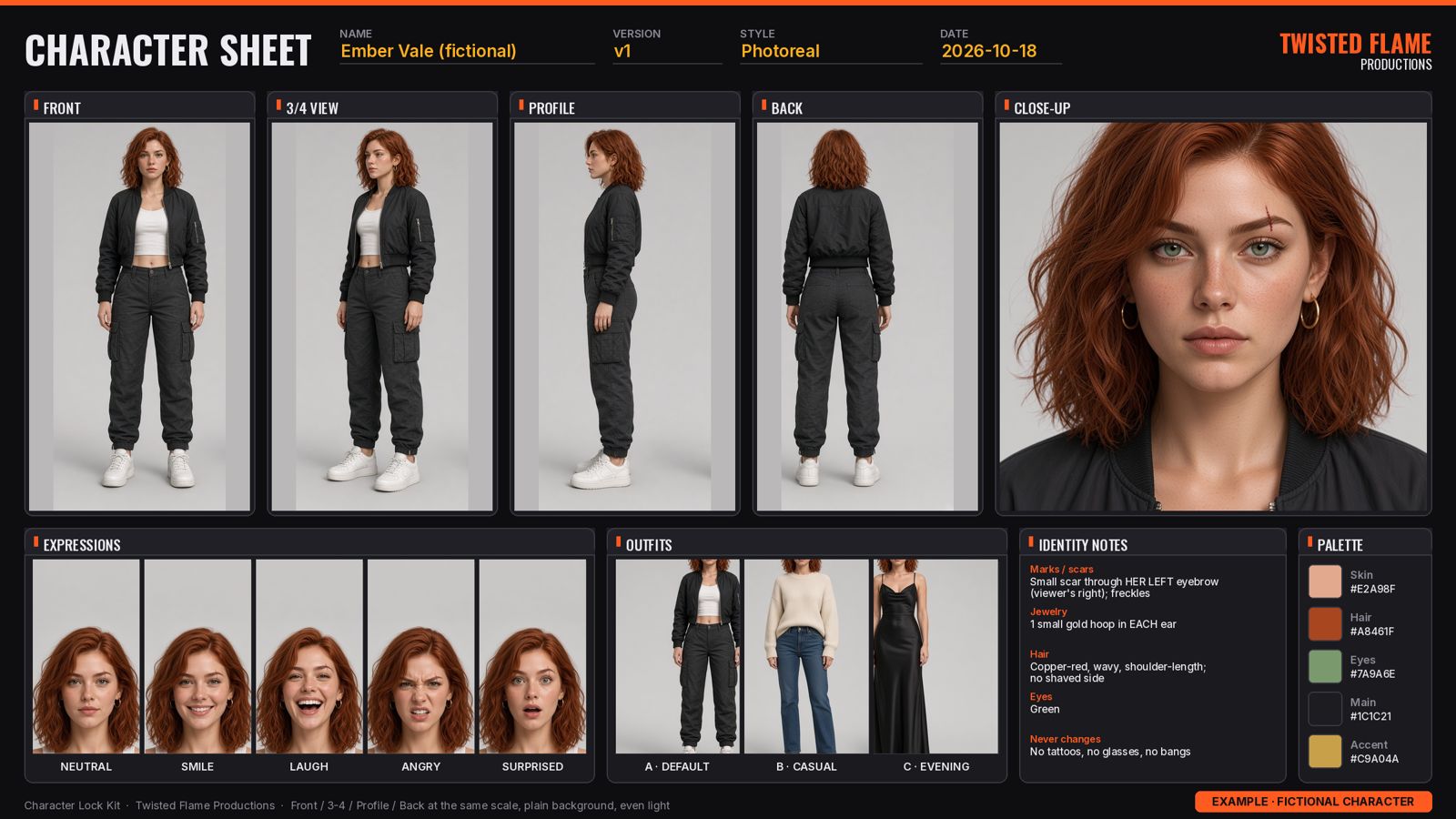 Example locked character sheet for Ember Vale with front, 3/4, profile, back, close-up, expression and outfit views